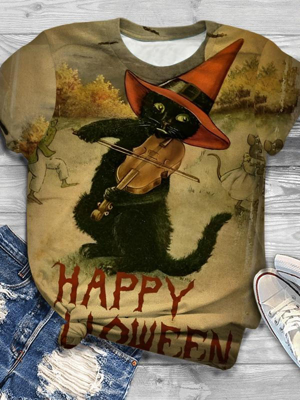 Witch Cat Printed Crew Neck T-Shirt