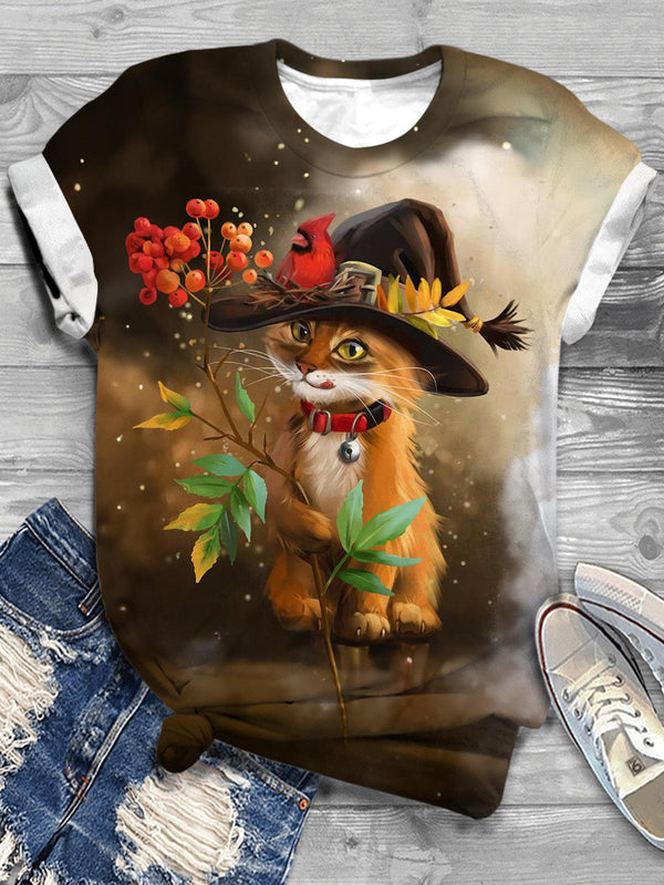 Cat Wicth & Cardinal Print Casual T-shirt