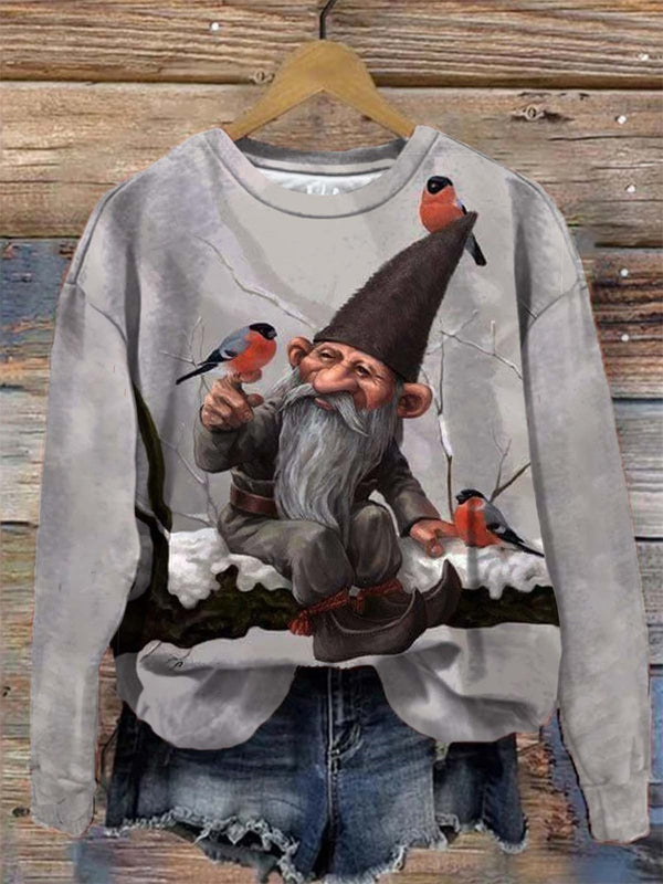 Women's Winter Gnome Print Crew Neck Long Sleeve Top