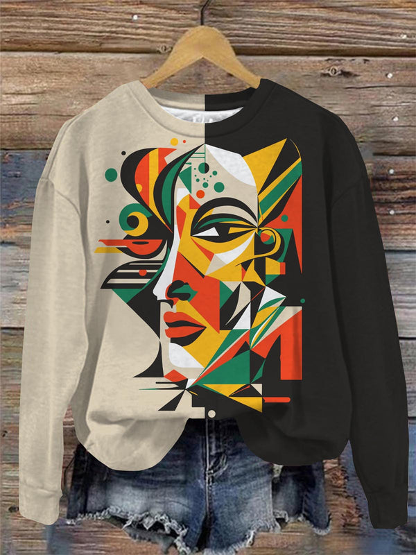 Abstract Face Print Round Neck Long Sleeve Top