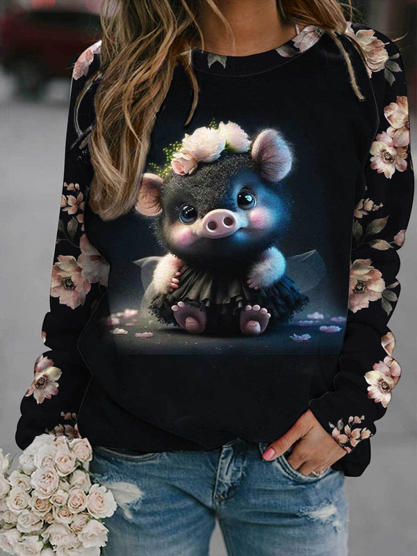 Women's Floral Pig Print Long Sleeve Top