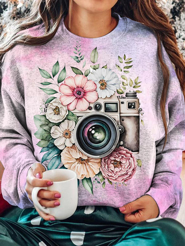 Women's Floral Camera Tie Dye Print Top