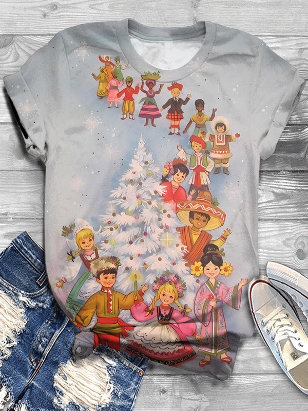 Vitange Christmas Print Crew Neck T-shirt