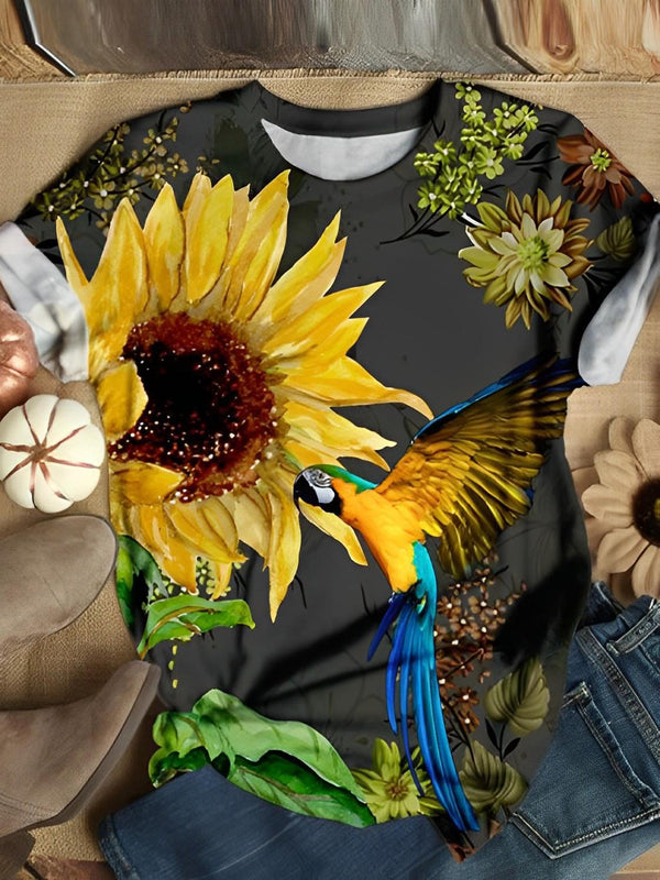 Sunflower Tropical Bird Print Crew Neck T-Shirt