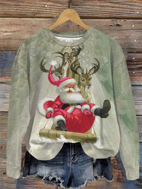 Santa Claus and Deer Print Round Neck Long Sleeve Top