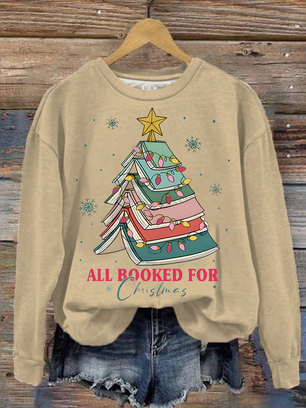 Christmas Book Print Round Neck Long Sleeve Top