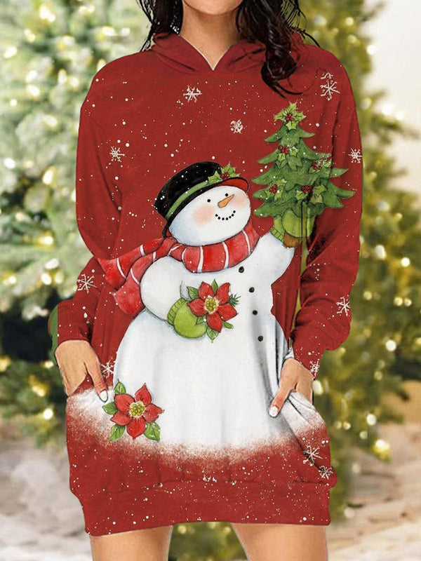 Women's Cute Snowman Print Hooded Dress