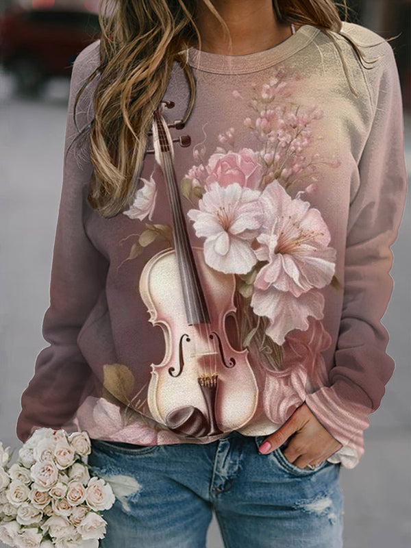 Pink Flower Violin Printed Long Sleeve Casual Top