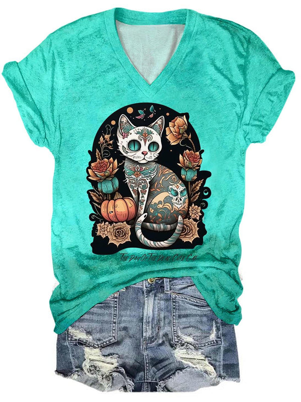 The Day Of The Dead Cat Print V Neck T-Shirt