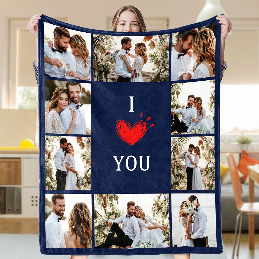 Personalized I Love You Blanket With 10 Photos - Gift For Her/Him