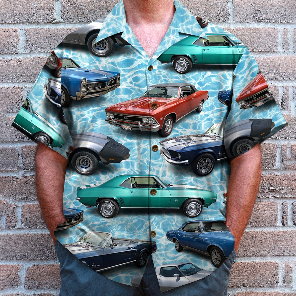 Custom Classic Car Photo Water Pattern Hawaiian Shirt - Summer Gift