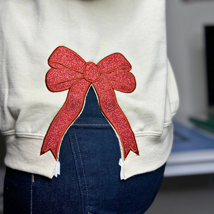 Embroidered Merry Glitter Christmas Bow Embellished Sweatshirt – Custom Side Bow Cut-Out Sweatshirt