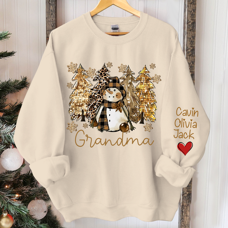 Custom Grandma Christmas snowman Sweatshirt - With Grandkids Name On Sleeve