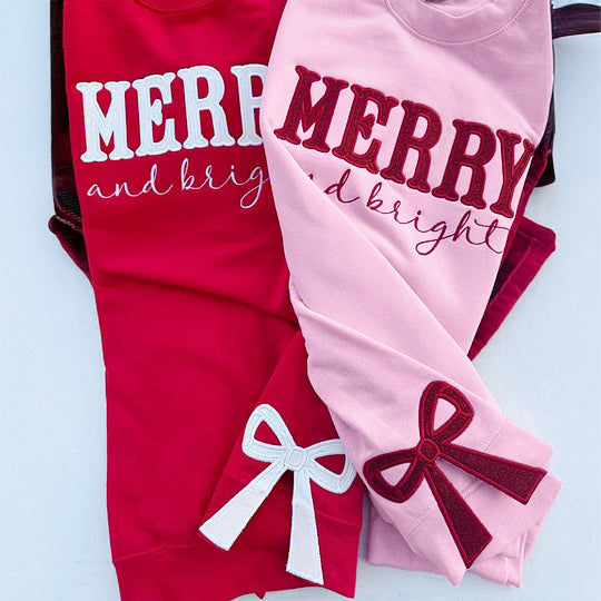 Merry and Bright Embroidered Bow Sweatshirt