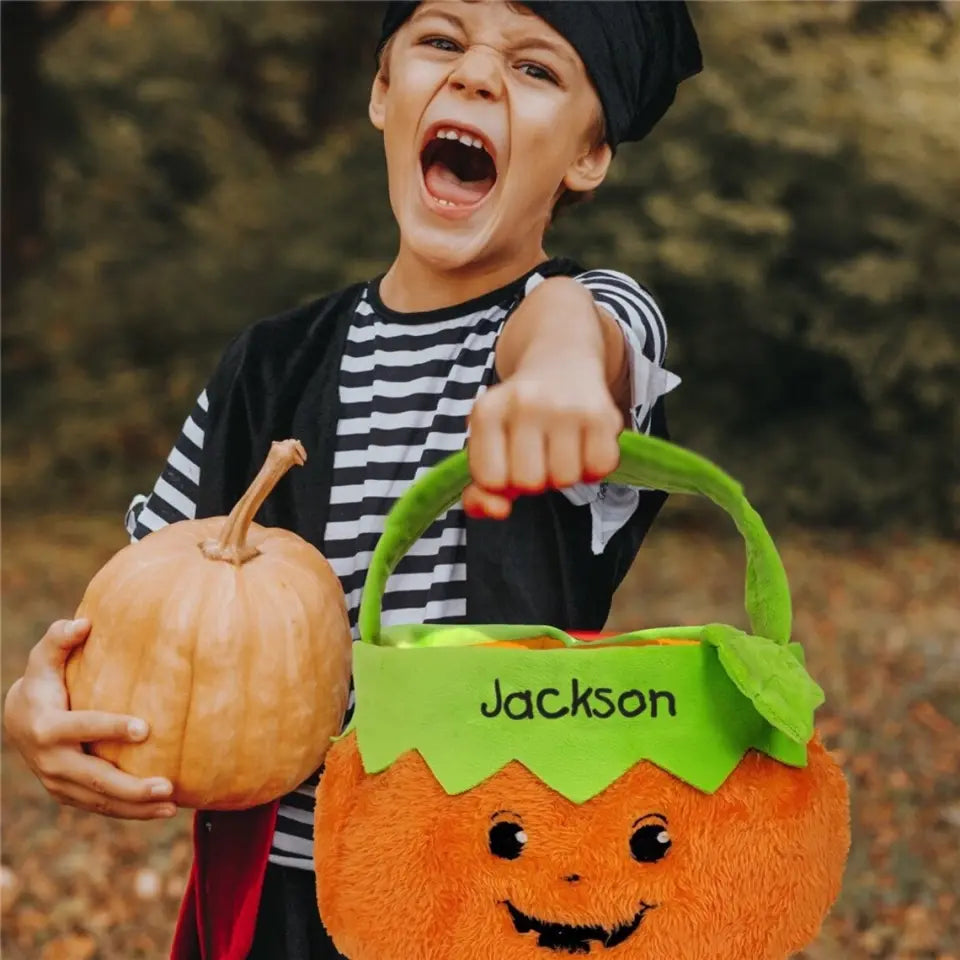 Pumpkin Personalized Trick or Treat Bag - Embroidered Halloween Candy Bucket For Kids