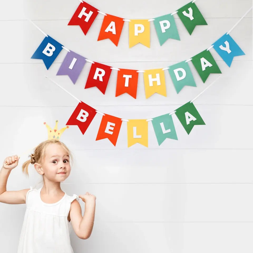 Custom Happy Birthday Felt Banner - Rainbow Color Premium Quality Layered Bunting