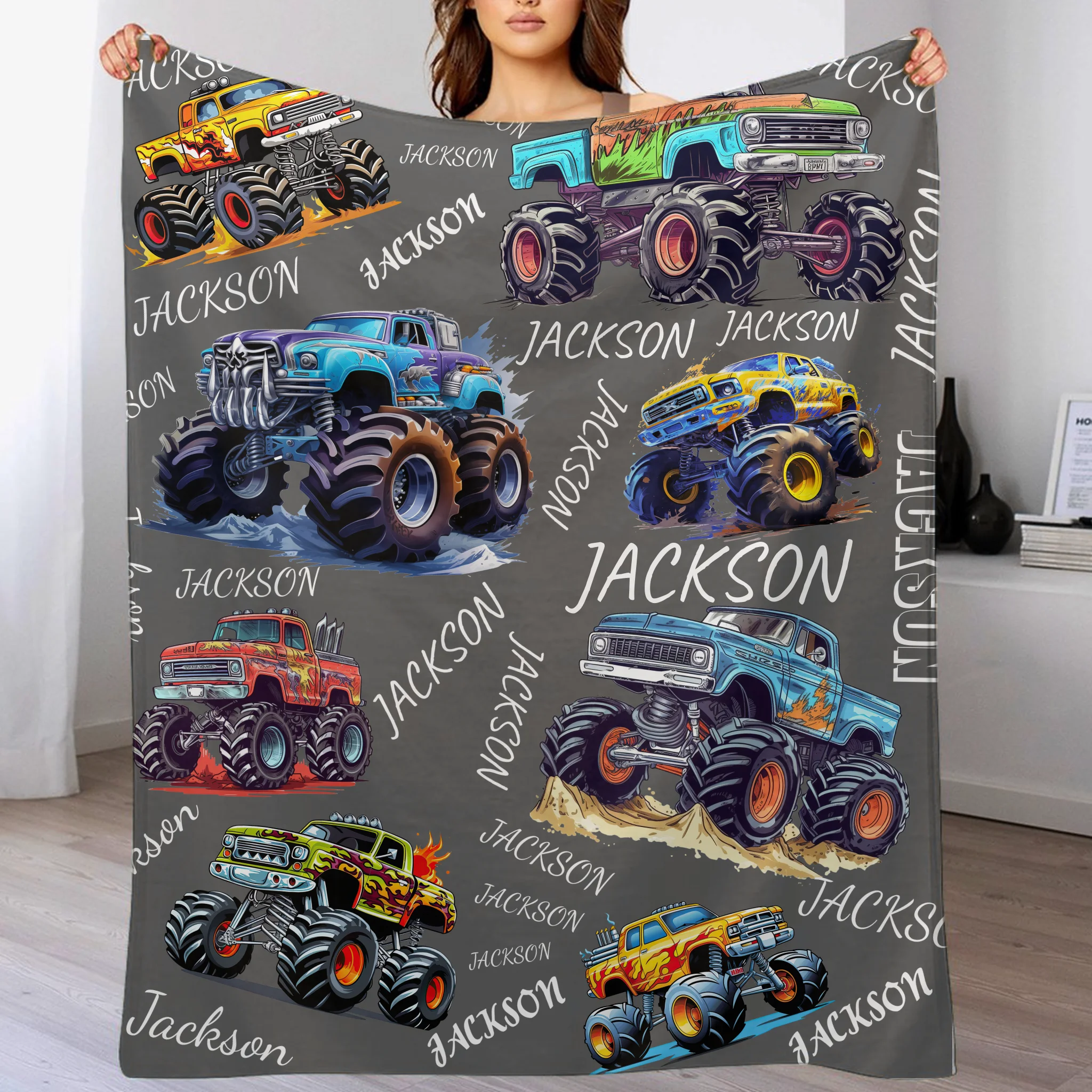 Custom Monster Truck Name Blanket - Gift for Truck Lover Toddler Grandkids