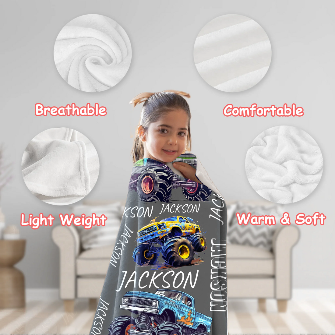 Custom Monster Truck Name Blanket - Gift for Truck Lover Toddler Grandkids