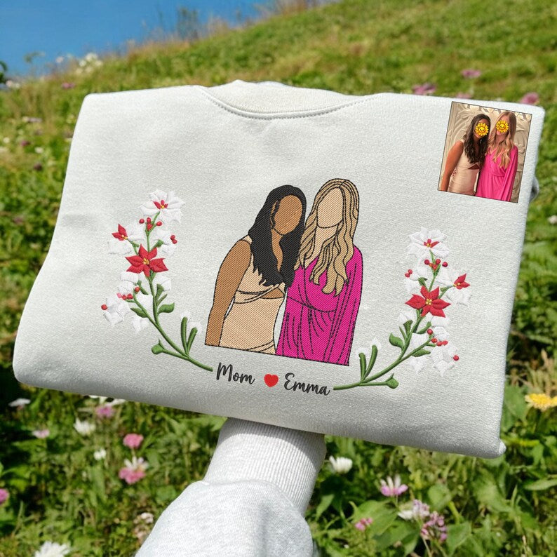 Personalized Birth Flower Mother Portrait Embroidered Sweatshirt