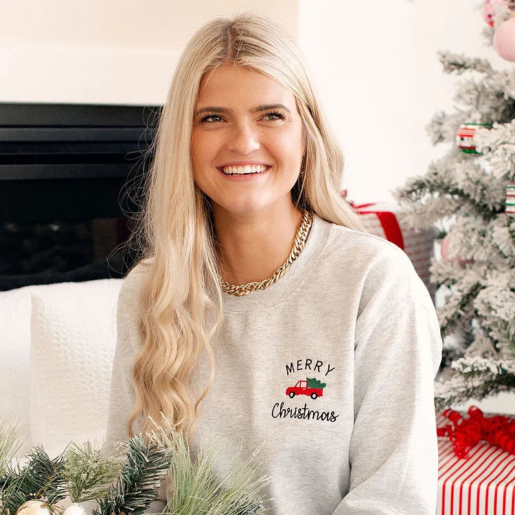 Embroidered Merry Christmas Red Truck Holiday Sweatshirt