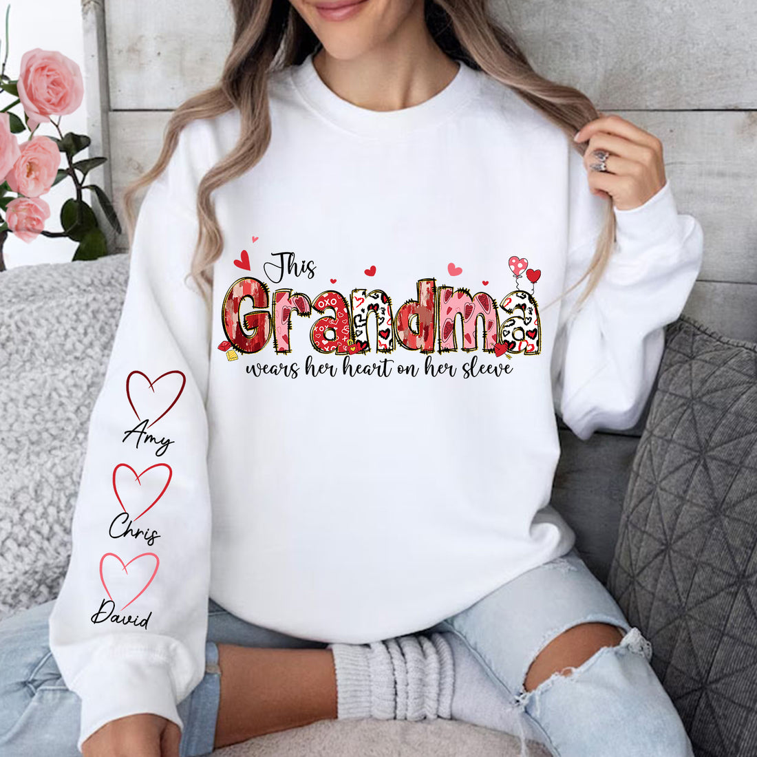 Personalized Heart on Her Sleeve Mom Sweatshirt