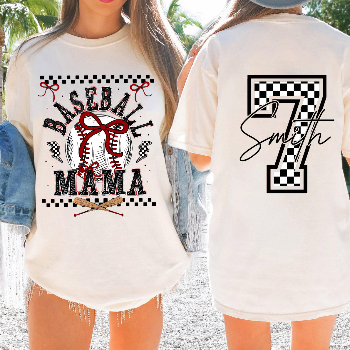 Personalized Retro Checkered Baseball Mama Two Side Design Shirt