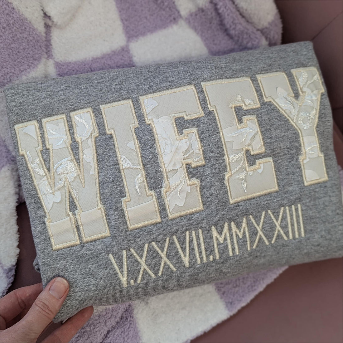 WIFEY Wedding Fabrics Embroidered Sweatshirt, Wife EST Embroidered Applique Sweatshirt