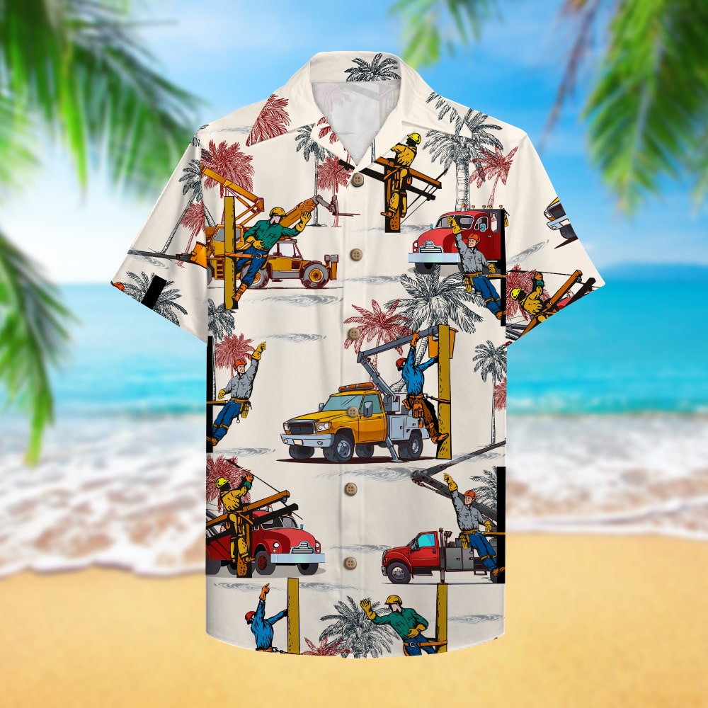 Lineman Hawaiian Shirt, Aloha Shirt with Bucket Truck Pattern