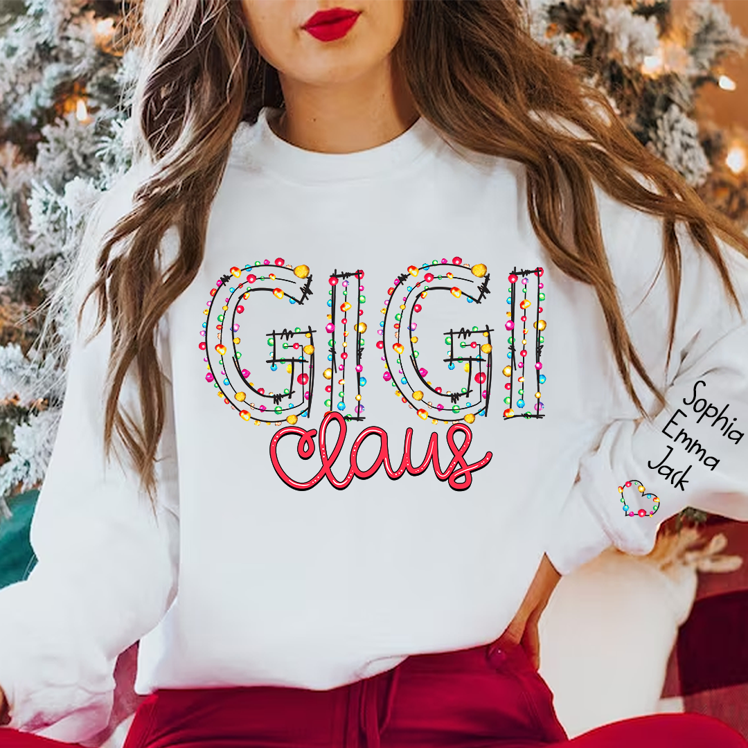 Personalized Gigi Claus Christmas Lights With Grandkids Name - Christmas Sweatshirt