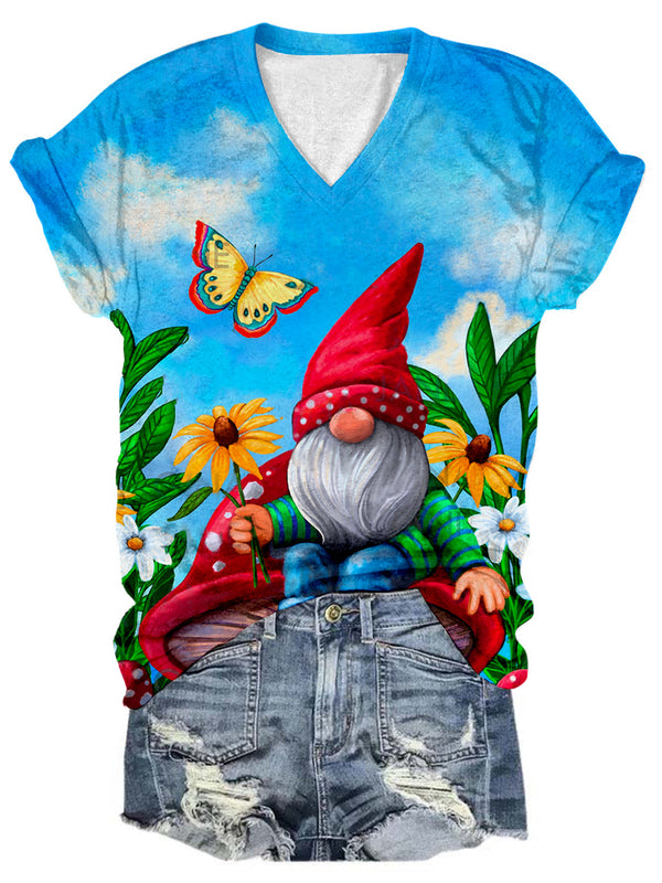 Mushroom Gnome Print V Neck T-shirt