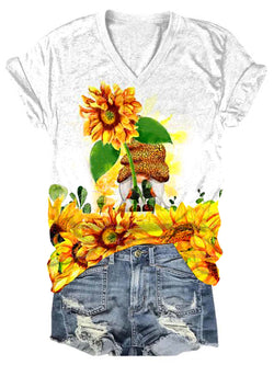 Women's V Neck Sunflower Gnome Print T-Shirt