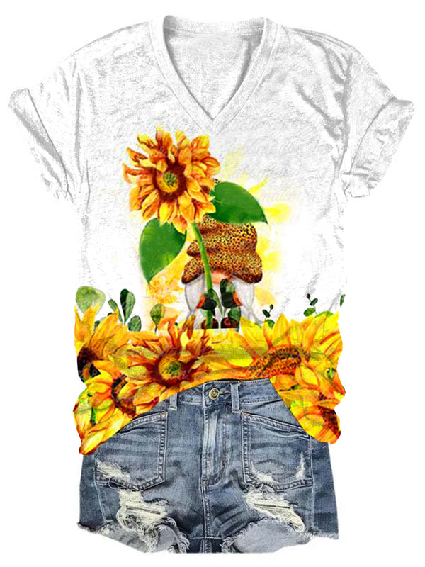 Women's V Neck Sunflower Gnome Print T-Shirt