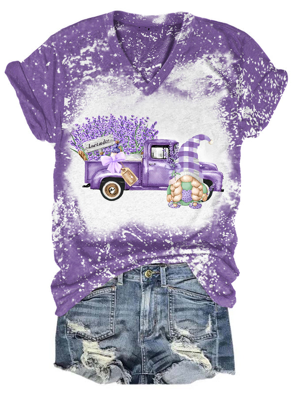 Lavender Truck Gnome Bleaching V Neck T-shirt