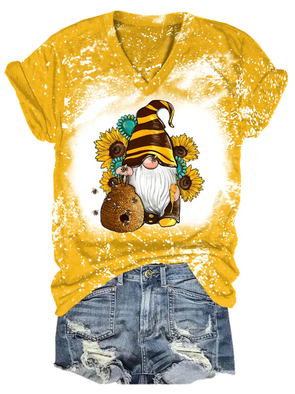 Honey Sunflower Gnome Bleaching V Neck T-shirt