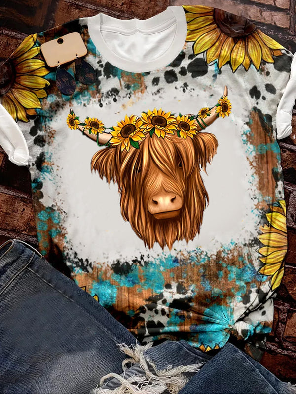 Women's Cow Sunflower Print T-Shirt