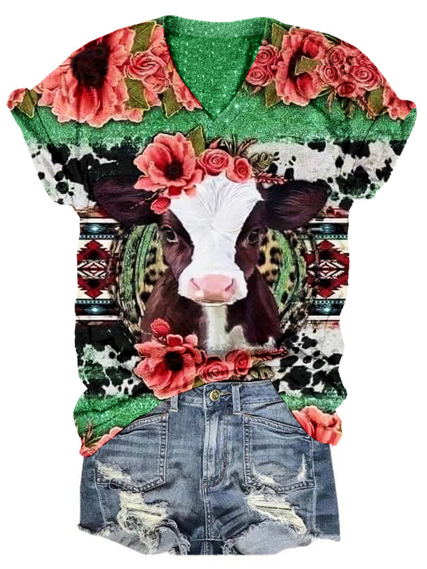 Women's Floral Cow Print Casual Top