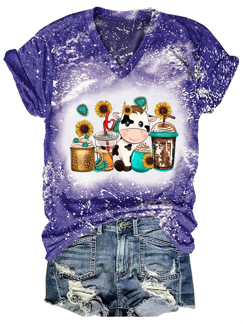 Women's Cow Coffee Cup Print V-Neck T-Shirt