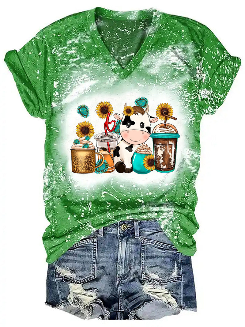 Women's Cow Coffee Cup Print V-Neck T-Shirt