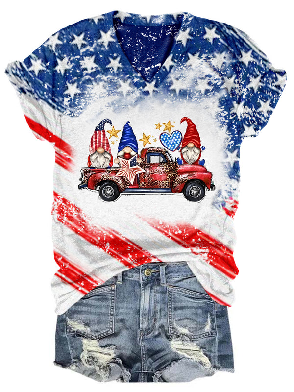 Star Stripe Gnomes Truck USA Flag V Neck T-shirt