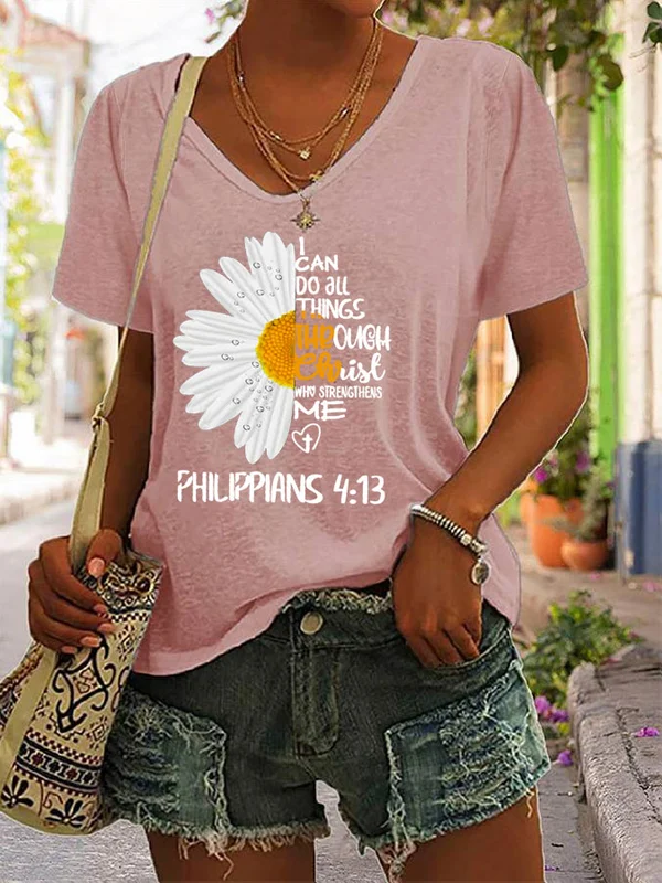 Women's I Can Do All Things Through Christ Sunflower Print V-Neck T-Shirt