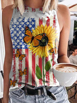 National Flag & Sunflower & National Flag Retro Creative Fashion Print Ladies Vest