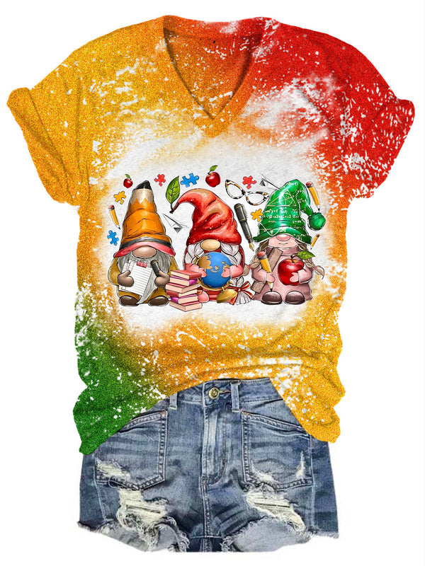 Teacher Gnomes Print V-Neck T-Shirt