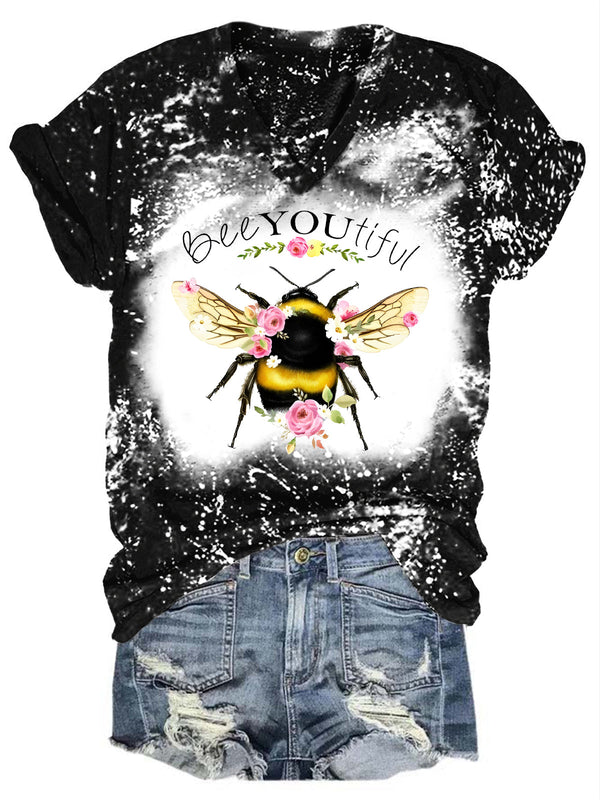 Bee You-tiful Flowers Bee Bleaching V Neck T-shirt