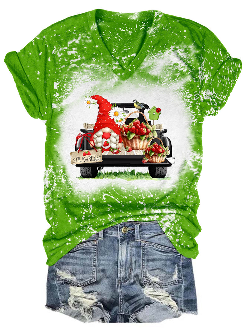 Strawberry Truck Gnome Tie Dye V Neck T-shirt