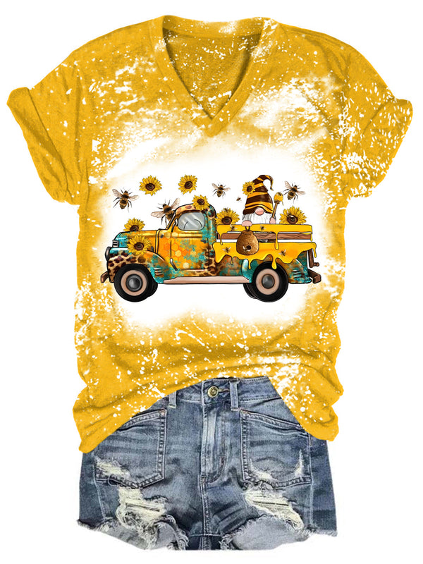 Bee Sunflower Gnome Truck Bleaching V Neck T-shirt