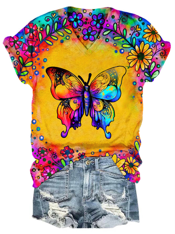 Sunflower Butterfly Colorful Print V-Neck T-Shirt
