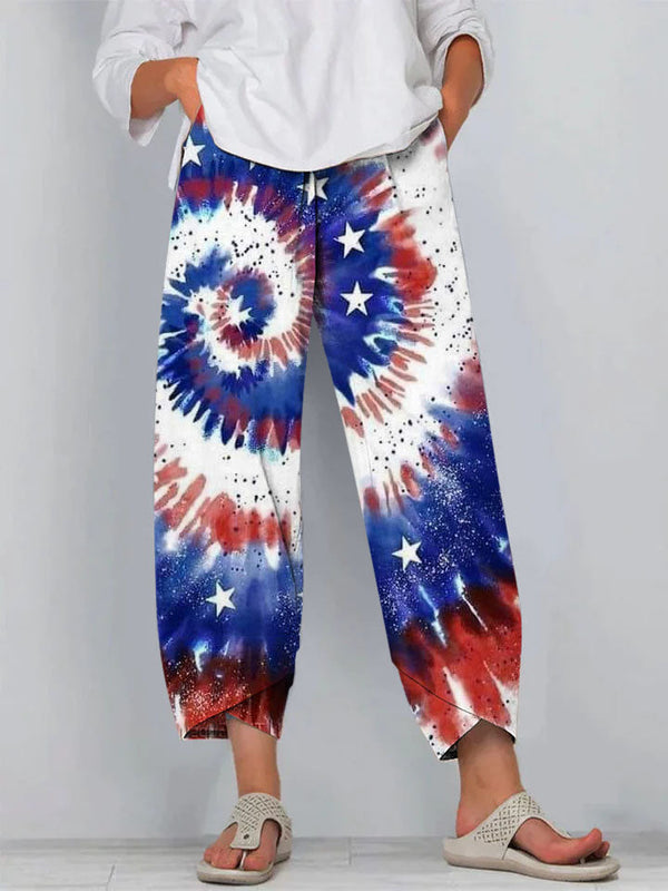 Tie-Dye Flag Star Print Elastic Waist Pants
