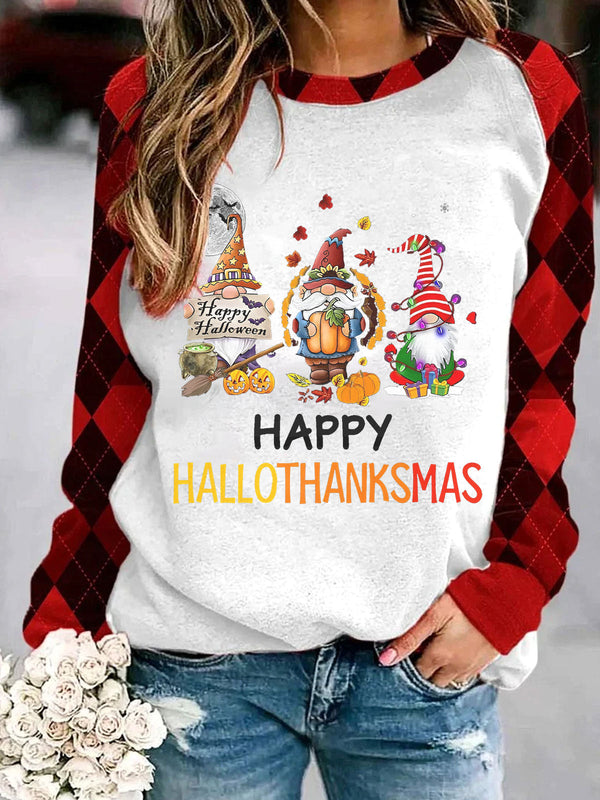 Holiday Gnome Print Hallothanksmas Plaid Long Sleeve Shirt