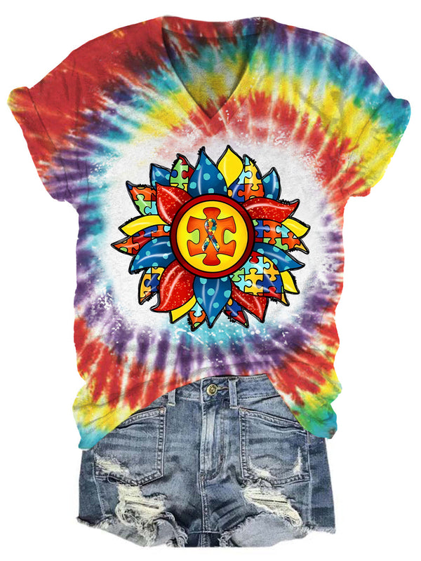 Autism Awareness Sunflower Bleaching Rainbow V Neck T-shirt
