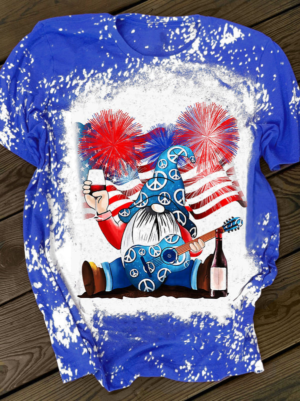 America Flag 4th Of July Gnomes Wine Print Crew Neck T-Shirt